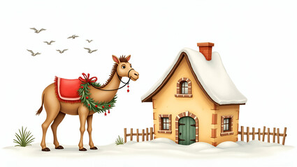 Whimsical watercolor illustration of camel adorned with wreath beside charming house evoking festive joyful atmosphere perfect for holiday themes concept as Camel adorned with wreath beside charming h