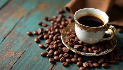 Fototapeta premium Rich brown coffee beans on a distressed wooden table beside an ornate espresso cup, wooden surface,