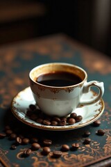 Fototapeta premium Rich espresso coffee cup on ornate vintage table with scattered coffee beans, cup, coffee