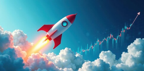 Fototapeta premium Rocket soaring through clouds with a blue background of financial charts and graphs, business, cloud