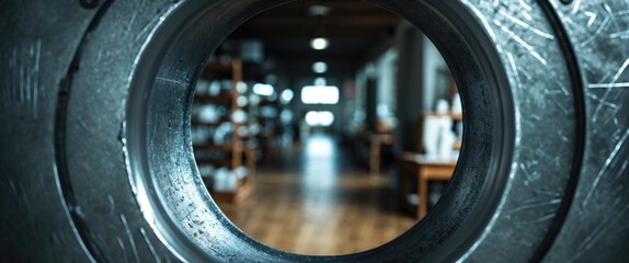A perspective of a hall observed through a tube