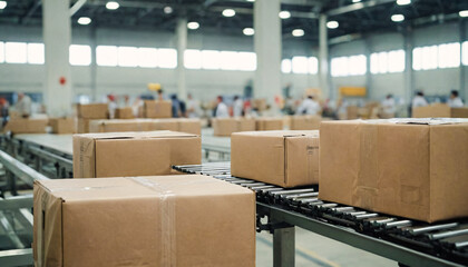 Cardboard boxes with gifts or various goods at a goods delivery warehouse.