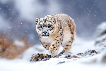 Fototapeta premium Snow leopard walking on snowy mountains