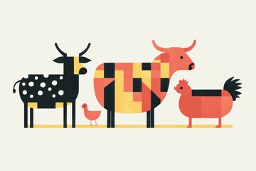 Fototapeta premium Minimalist geometric art featuring cows, pigs, and chickens in vibrant colors set against a neutral background Generative AI