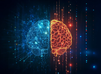 Split-screen visual of a human brain illustrating contrasting neural activity using vivid orange and electric blue digital light effects.
