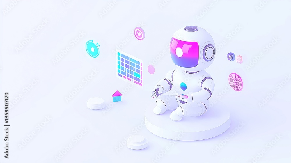 Poster ai robot analyzing customer data with dynamic visualizations, isometric depiction of an ai robot sur