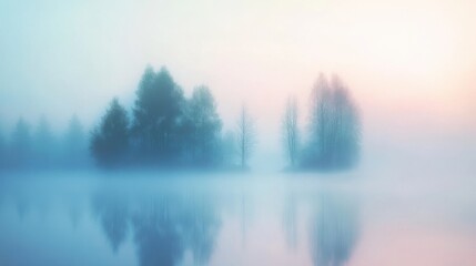 Fototapeta premium A dreamy landscape with soft mist, blurred trees, and glowing light transitions. Pastel hues and a foggy atmosphere create an ethereal, otherworldly effect.