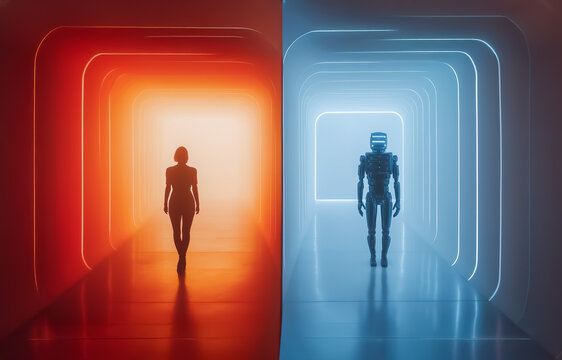Futuristic corridor split-screen featuring human silhouette and humanoid robot in contrasting red and blue lighting, evoking themes of technology and identity.