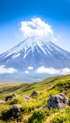 Naklejka premium Snowy Mountain, Lush Landscape, Sunny Day