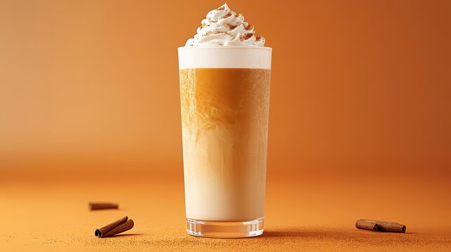 Tall glass of iced pumpkin spice latte topped with whipped cream and cinnamon sticks on a smooth textured burnt orange background inviting fall vibes