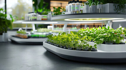 modern biotechnology lab featuring sustainable plant growth systems, showcasing vibrant green seedlings and advanced equipment. atmosphere is innovative and eco friendly, emphasizing