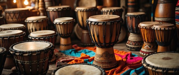 Traditional handmade djembe drums showcased in a marketplace. The goblet drum with a single head originates from a specific region. Its structure is crafted from a hollowed tree trunk.
