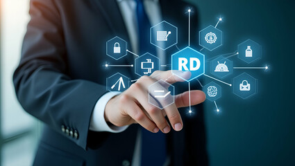 Flat Businessman Engaging with R&D Icons on Digital Interface: A Cute Vector Illustration Showcasing Innovation Technology and Human Resources for Strategic Growth