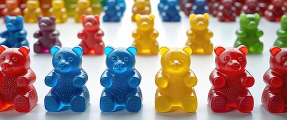 A photograph displaying a collection of counters for teaching math to school children. Plastic figures in three sizes and four different colors isolated on a white background.
