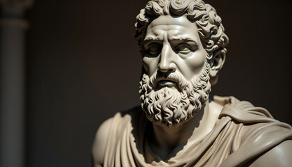An ancient statue of a thoughtful figure, with a serene and contemplative expression. The statue exudes wisdom and mystery, capturing the essence of timeless art and classical beauty in its design.

