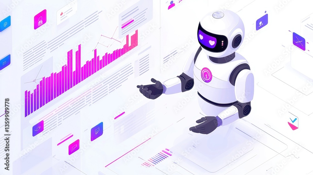 Poster futuristic ai robot engaging with social media metrics, dynamic interaction with floating graphs, vi
