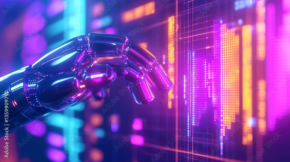 Poster futuristic ai robot engaging with colorful revenue data visuals, dynamic interaction with graphs, gr