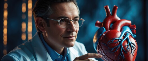 Obraz premium A cardiologist illustrates the anatomy, function, and treatment of cardiovascular diseases using a heart model.