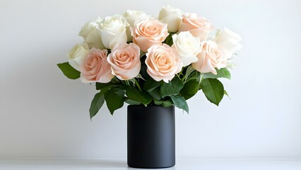 Obraz premium A bouquet of peach and white roses arranged in a simple black vase on a light background. Concept Bouquet Arrangement, Peach and White Roses, Black Vase, Light Background, Floral Decor