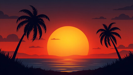 Silhouette of palm tree against vibrant sunset sky over ocean illustrating tropical sunset in minimalist design concept as Minimalist design of palm tree silhouette against vibrant sunset sky over oce