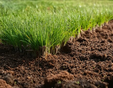Freshly cut grass reveals rich soil and healthy growth in a well-maintained lawn during early morning light