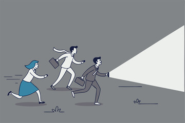 Guidance direction, flashlight to discover success opportunity, leadership or search for information, advice, mentorship, business direction concept, businessman holding torch flashlight for guidance.