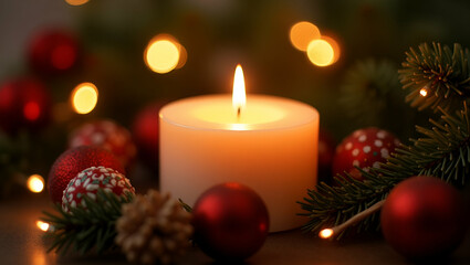 Elegant Candle with Holiday Decor: Cozy Ambiance for Marketing