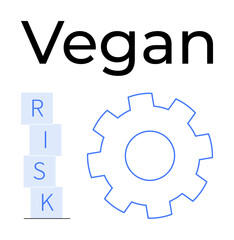 Obraz premium Stacked blocks forming RISK alongside a gear outline and Vegan text. Ideal for health, sustainability, ethics, veganism, productivity, problem-solving, innovation. Abstract line flat metaphor