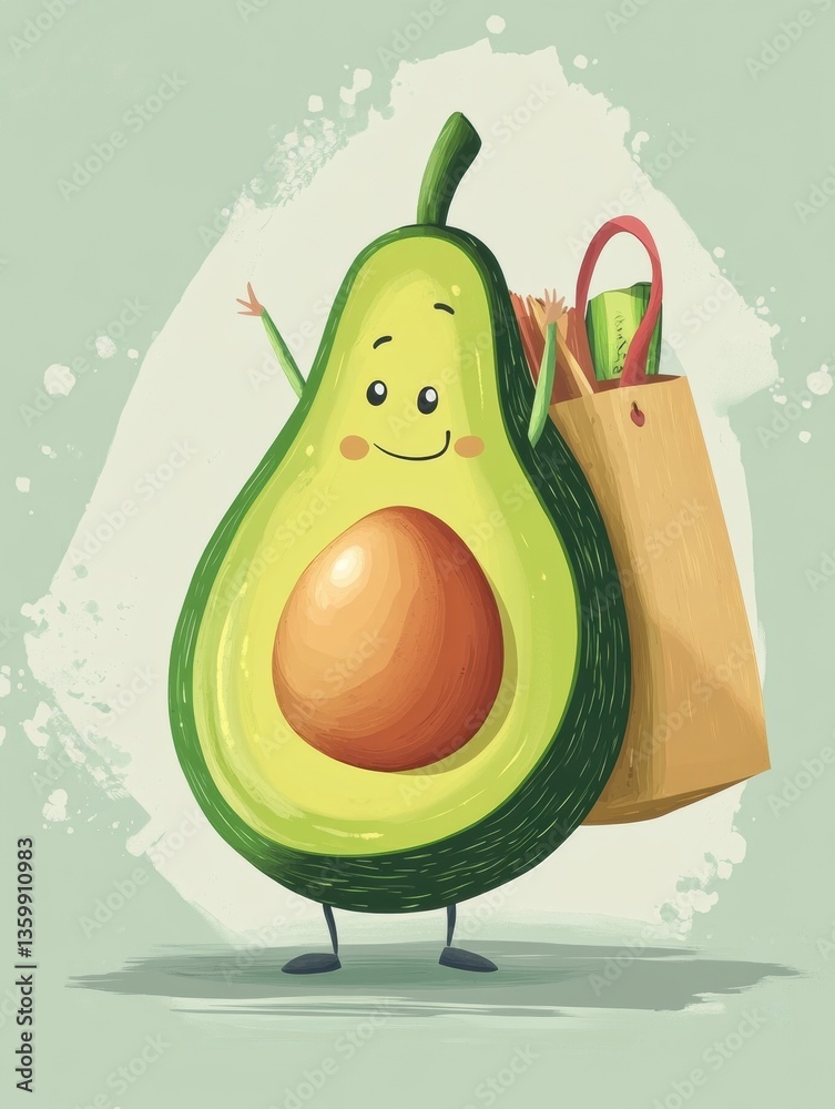 Aufkleber humorous cartoon avocado happily carries a large grocery bag in a playful pastel setting generative 