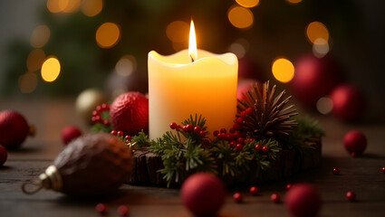 Elegant Candle with Festive Decor: Cozy Ambiance for Holiday Marketing
