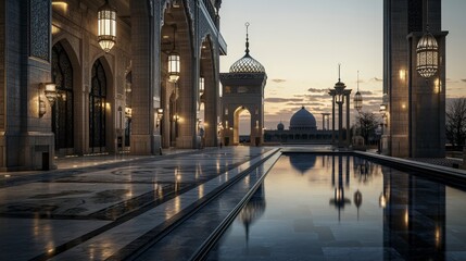 Fototapeta premium Elegant evening reflection at grand mosque historical site architecture serene environment low angle view tranquility