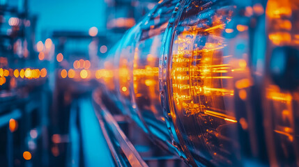 Future industrial infrastructure: luminous data core encased in glass, conveying technological advancement and innovative power solution