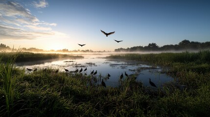 Fototapeta premium Morning mist over tranquil wetland with birds in flight nature scene serene environment scenic view