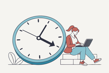 Part-time job, work tracking system, day planning or time management, side hustle or office work deadline, start and end time schedule concept, businesswoman working with laptop on split time clock.