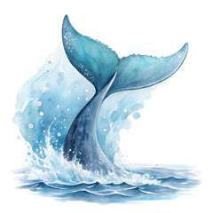 Watercolor painting of a whale tail emerging from the ocean with splashing water and bubbles around it