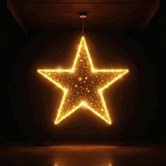 Shining gold star light hangs suspended from a dark ceiling, creating an ethereal ambiance, light, glow