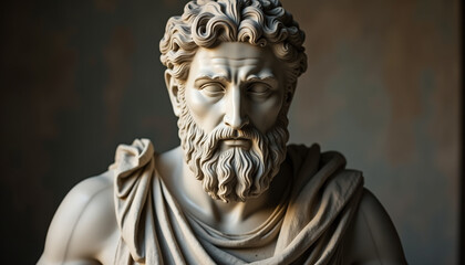 An ancient statue of a thoughtful figure, with a serene and contemplative expression. The statue exudes wisdom and mystery, capturing the essence of timeless art and classical beauty in its design.

