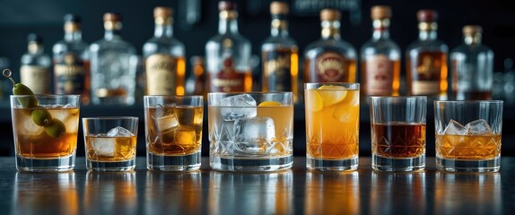 Assortment of strong alcoholic beverages and spirits in glasses on a bar countertop.