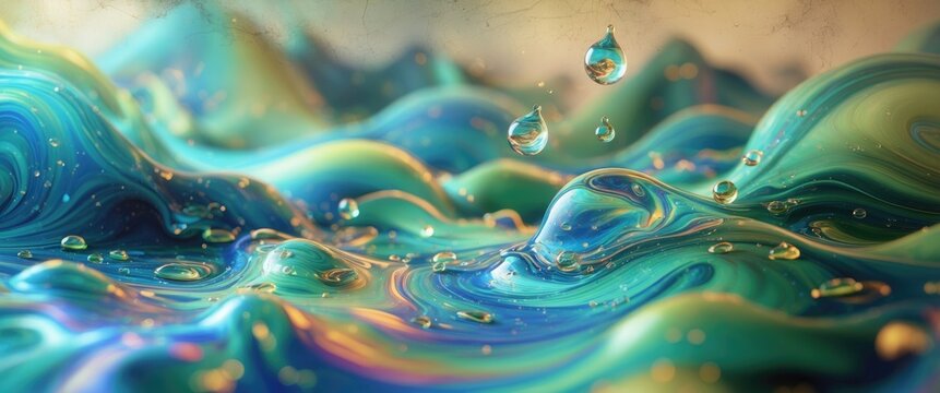Abstract blue and green colorful background featuring an oil on water surface. Oil droplets in water create an abstract psychedelic image.