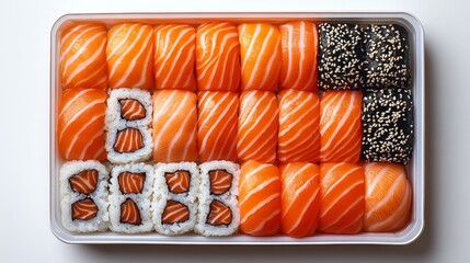 A large sushi box featuring an assortment of salmon nigiri and sushi rolls with black sesame seeds