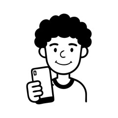 Curly Hair Man Holding Smartphone Hand Drawn Illustration