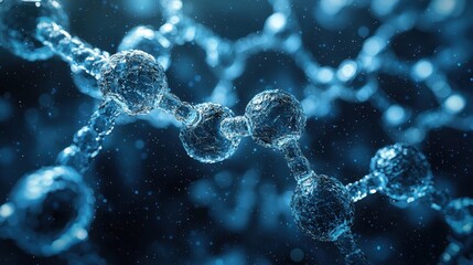 3D Molecular Concept of Active Ingredient in Beauty Product. Molecular structure with blue background and water droplets