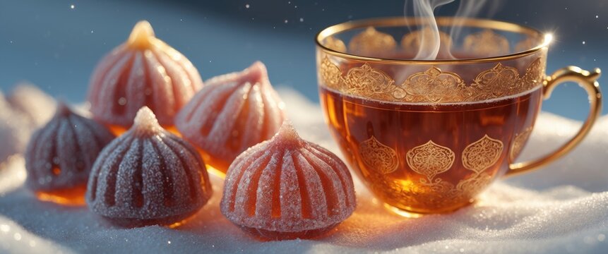 Traditional Turkish delight rahat lokum served with a cup of tea against a white backdrop.