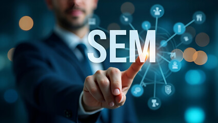 Flat Businessman points to SEM icons on digital interface representing search engine marketing SEO strategies and online advertising rankings. concept as Businessman points to SEM icons on digital int