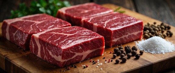 Fototapeta premium Three fresh, raw beef steaks on a wooden cutting board accompanied by coarse salt and peppercorns. Healthy, free-range beef. (Shallow depth of field)