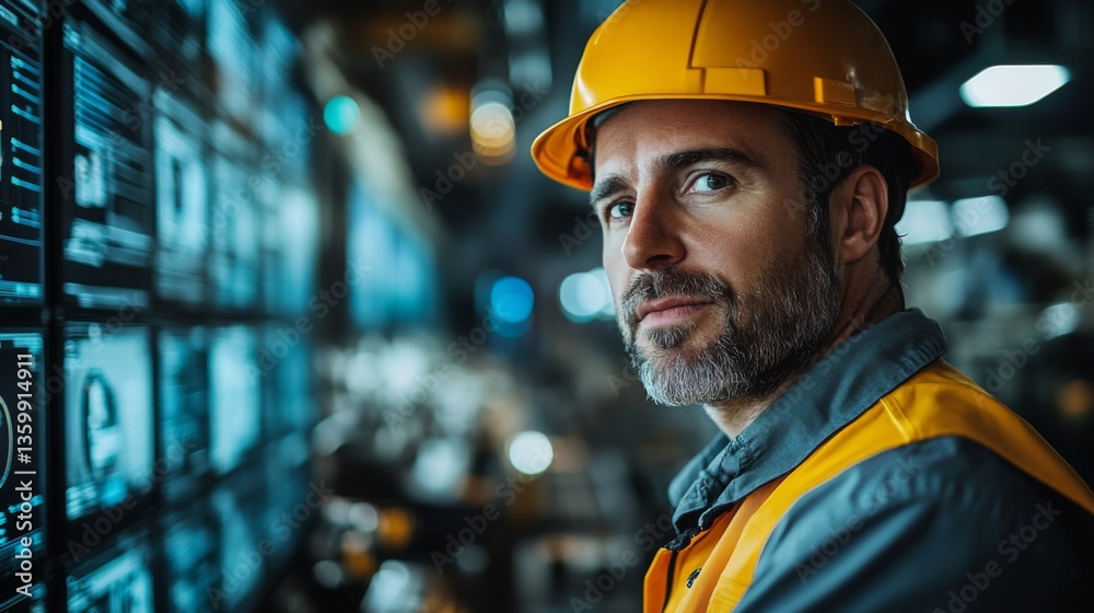 Poster a logistics professional wearing a safety helmet monitors inventory data on high tech screens in a b