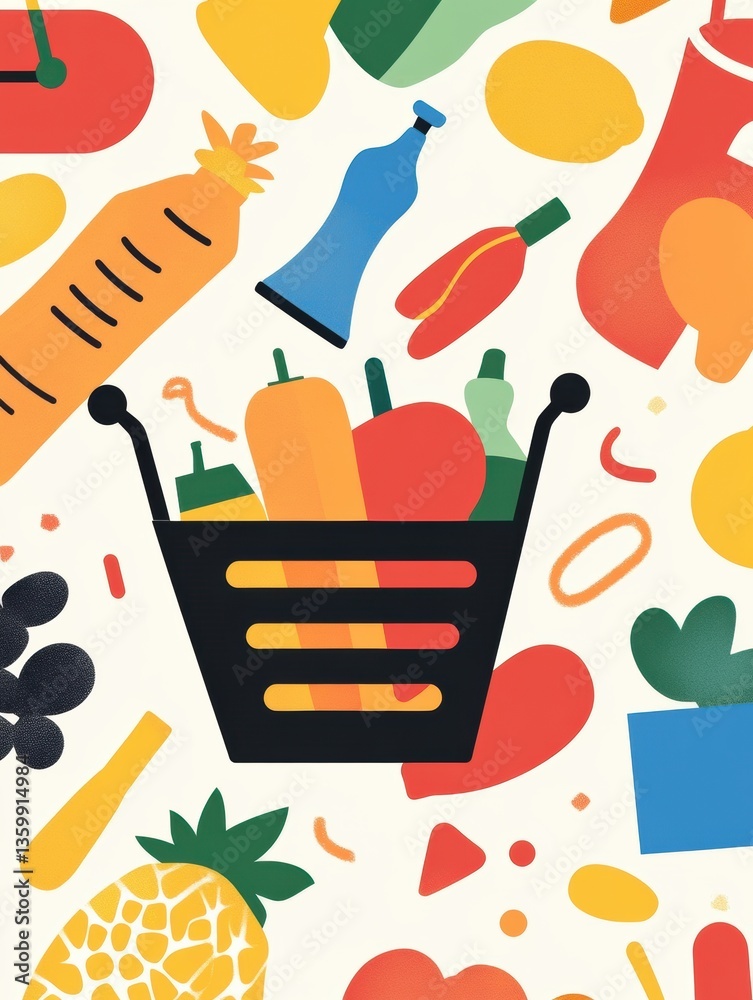 Poster stylish abstract grocery shopping theme featuring geometric shapes and bold colors in a vibrant mode