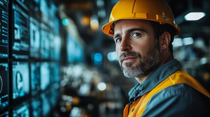 A logistics professional wearing a safety helmet monitors inventory data on high tech screens in a busy warehouse distribution center focused on recycling and sustainability efforts.