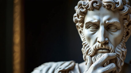 An ancient statue of a thoughtful figure, with a serene and contemplative expression. The statue exudes wisdom and mystery, capturing the essence of timeless art and classical beauty in its design.

