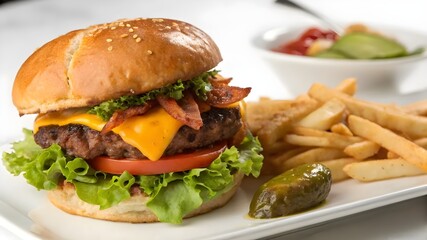 A delicious hamburger topped with cheese, lettuce, and bacon, served on a white plate